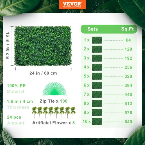 VEVOR Artificial Boxwood Panel 24" X 16" UV 24pcs Boxwood Hedge Wall Panels Artificial Grass Backdrop Wall  4 cm Green Grass Wall, Fake Hedge for Decor Privacy Fence Indoor, Outdoor Garden Backyard