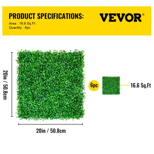 VEVOR Artificial Boxwood Panel UV 6pcs Boxwood Hedge Wall Panels, Artificial Grass Backdrop Wall 20" X 20" 4 cm Green Grass Wall, Fake Hedge for Decor Privacy Fence Indoor, Outdoor Garden Backyard