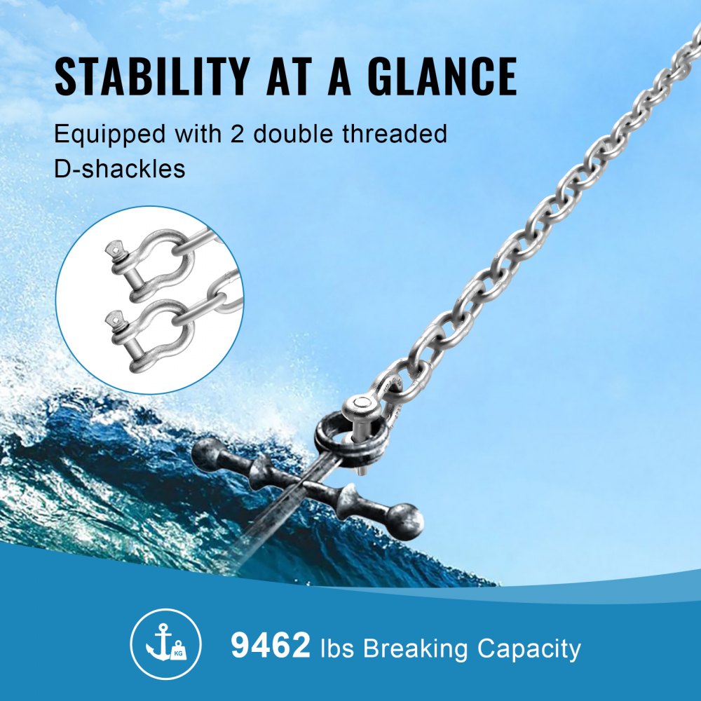 VEVOR Boat Anchor Chain, 8 mm x 3 m, 1076 kg WLL/3230 kg BS, Galvanized Steel Marine Grade Anchor Lead Chain with Dual Lock Ring Shackles for Boats, Deck, and Fishing, Works with Different Anchors