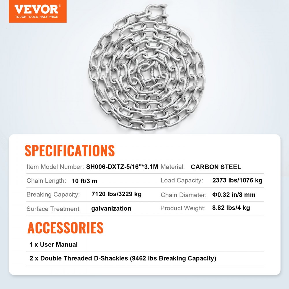 VEVOR Boat Anchor Chain, 8 mm x 3 m, 1076 kg WLL/3230 kg BS, Galvanized Steel Marine Grade Anchor Lead Chain with Dual Lock Ring Shackles for Boats, Deck, and Fishing, Works with Different Anchors