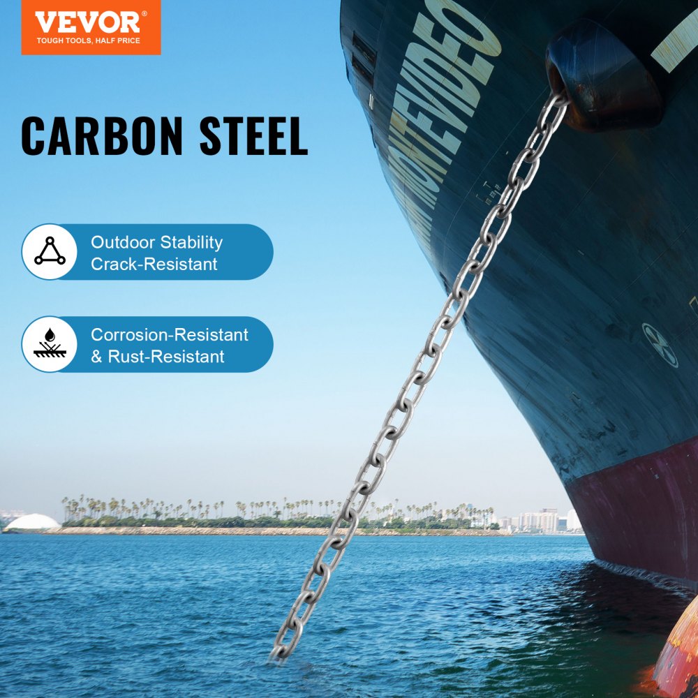 VEVOR Boat Anchor Chain, 5/16" x 10', 2373 lbs. WLL/7120 lbs. BS, Galvanized Steel Marine Grade Anchor Lead Chain with Dual Lock Ring Shackles for Boats, Deck, Fishing, Works with Different Anchors