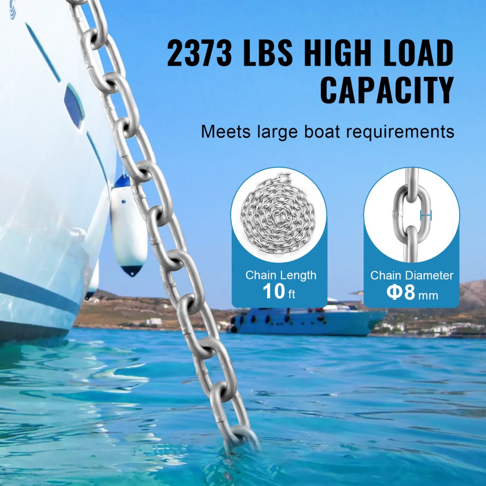 VEVOR Boat Anchor Chain, 5/16" x 10', 2373 lbs. WLL/7120 lbs. BS, Galvanized Steel Marine Grade Anchor Lead Chain with Dual Lock Ring Shackles for Boats, Deck, Fishing, Works with Different Anchors