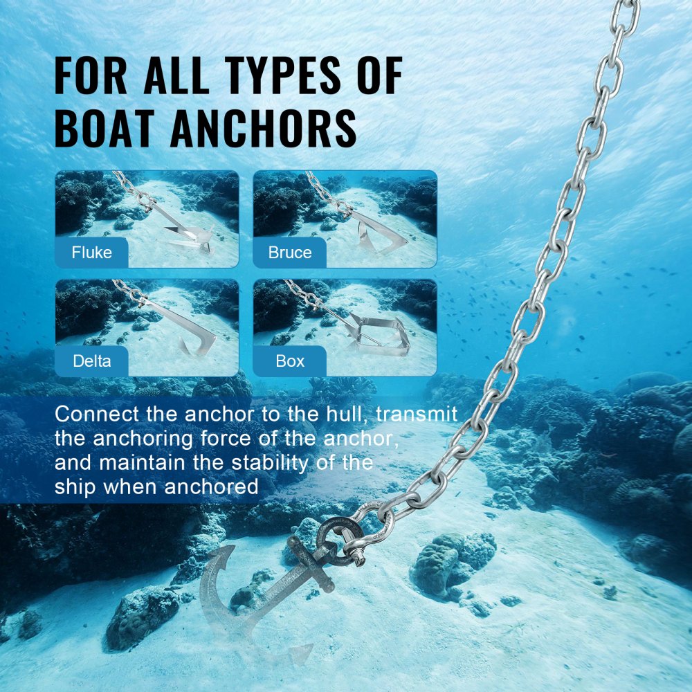 VEVOR Boat Anchor Chain, 5/16" x 10', 2373 lbs. WLL/7120 lbs. BS, Galvanized Steel Marine Grade Anchor Lead Chain with Dual Lock Ring Shackles for Boats, Deck, Fishing, Works with Different Anchors