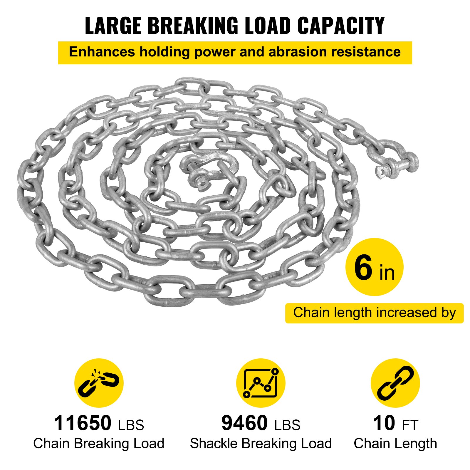 VEVOR Anchor Chain, 10\' x 5/16\" Galvanized Steel Chain, 3/8\" Anchor Chain Shackle, 11650lbs Anchor Lead Chain Breaking Load, 9460lbs Anchor Chain Shackle Breaking Load, Anchor Chain for Boats, Ship