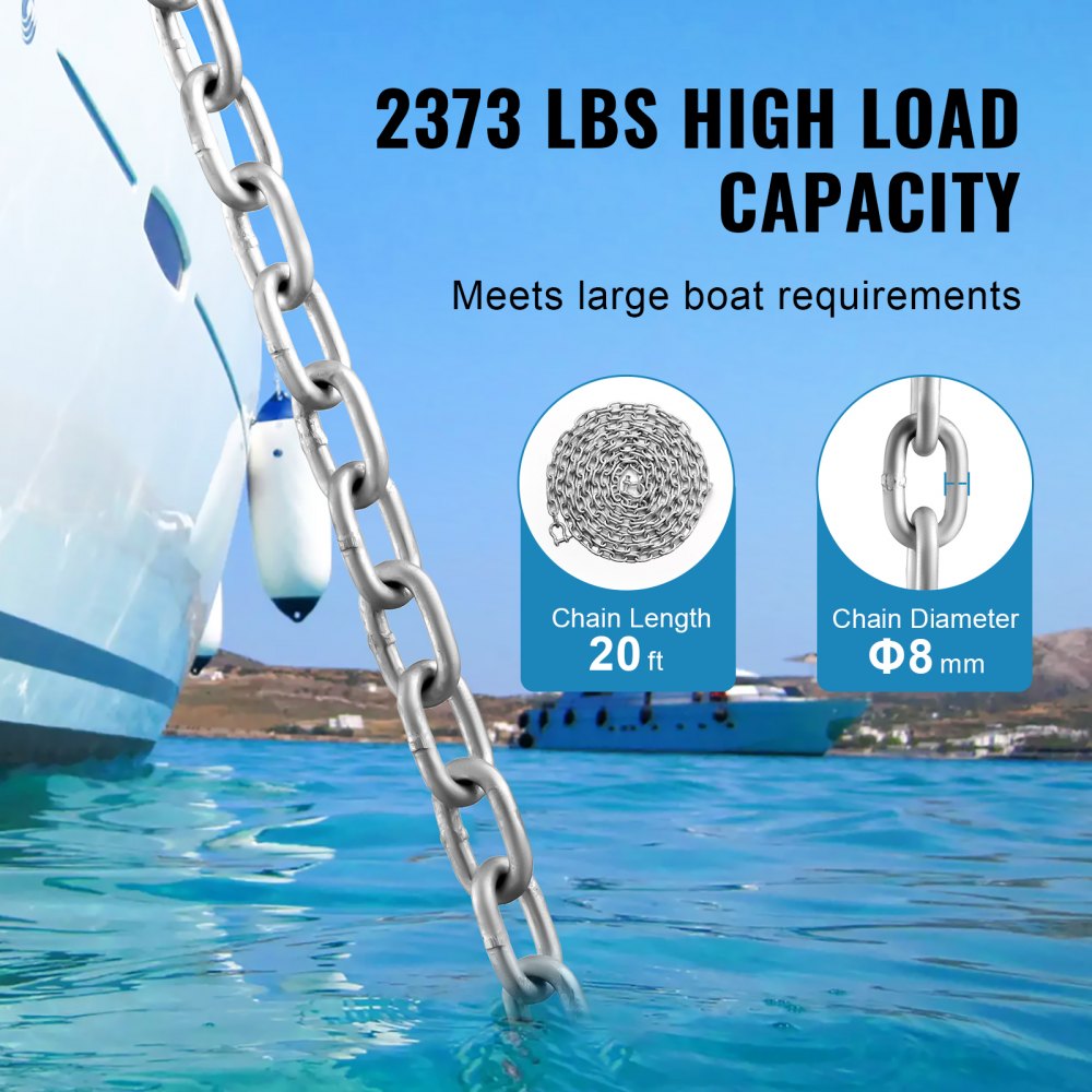 VEVOR Boat Anchor Chain, 5/16" x 20', 2373 lbs. WLL/7120 lbs. BS, Galvanized Steel Marine Grade Anchor Lead Chain with Dual Lock Ring Shackles for Boats, Deck, Fishing, Works with Different Anchors