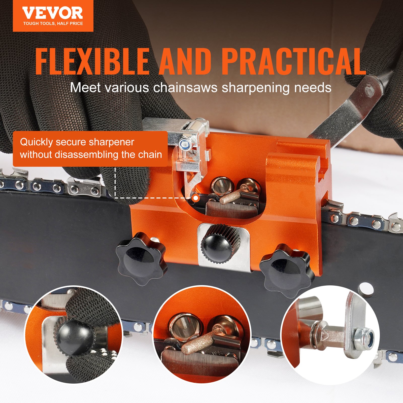 VEVOR chainsaw sharpener, flexible and practical use, secure without disassembling the chain.