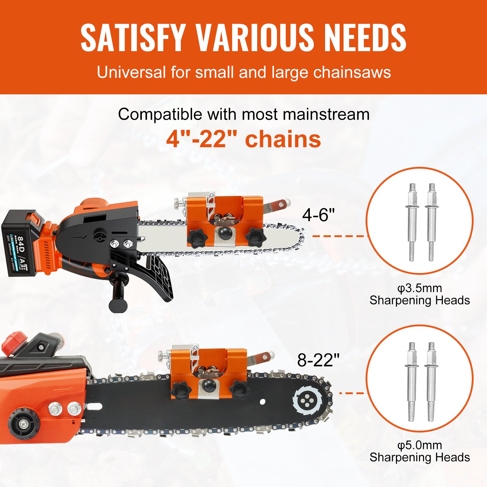 VEVOR chainsaw sharpener compatible with 4&quot;-22&quot; chains, features 3.5mm and 5.0mm sharpening heads.