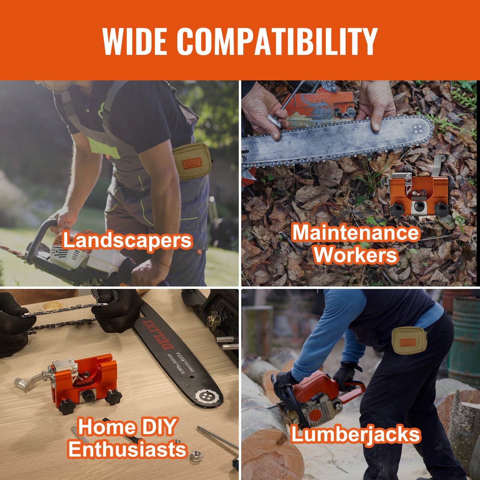 wide compatibility of VEVOR chainsaw sharpener for landscapers, maintenance workers, diy enthusiasts, and lumberjacks.