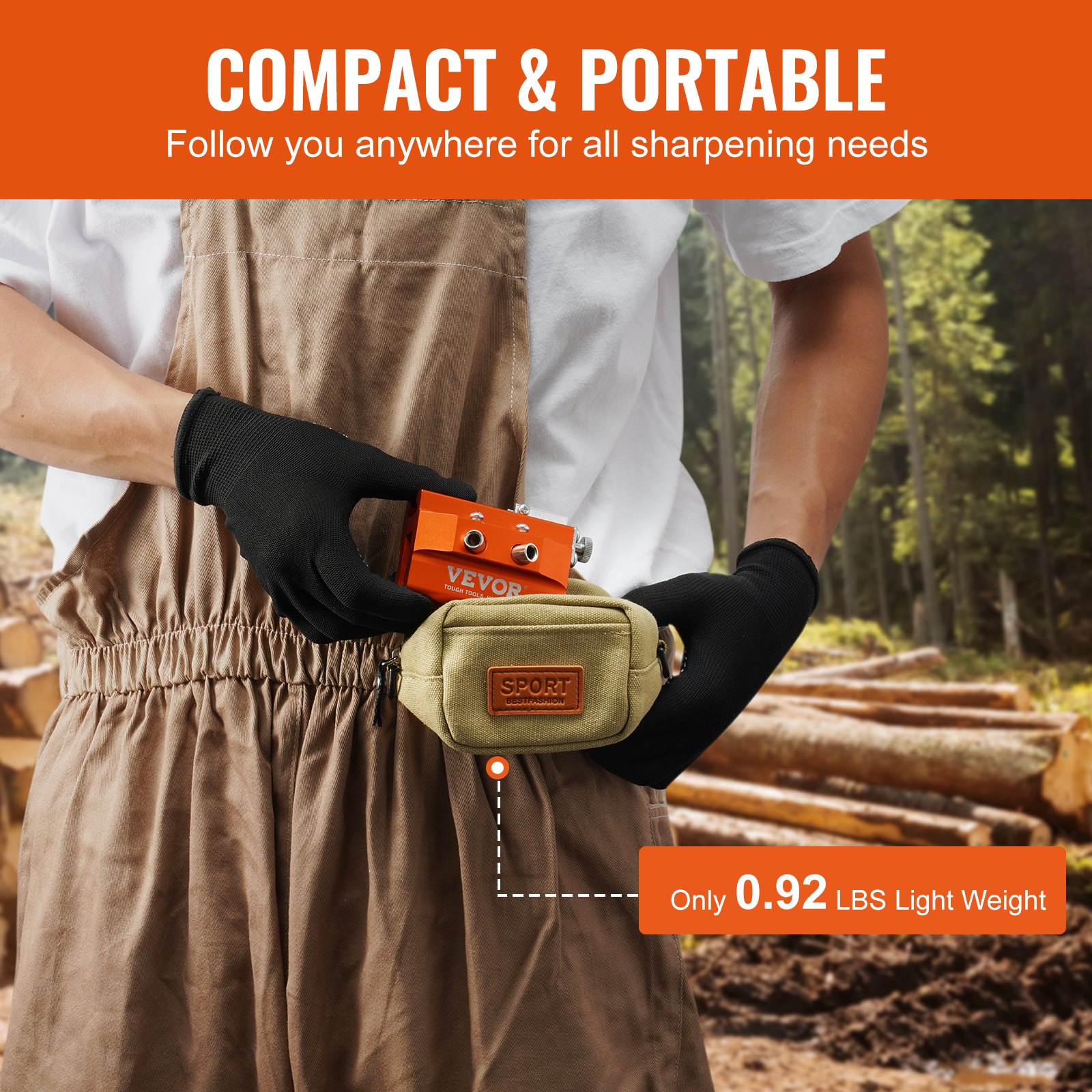 person holding a compact and portable VEVOR tool sharpener in a forest with logs.