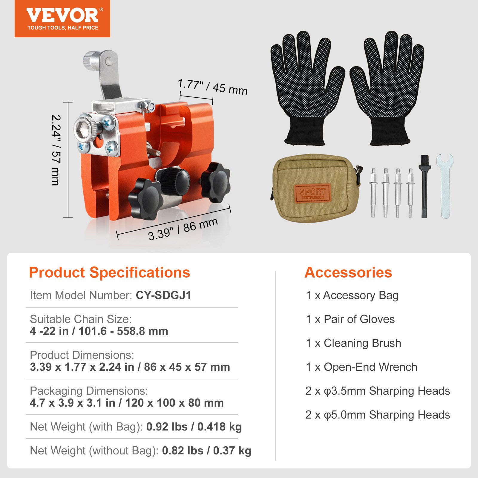 VEVOR chainsaw sharpener with gloves, accessory bag, cleaning brush, wrench, and sharpening heads.