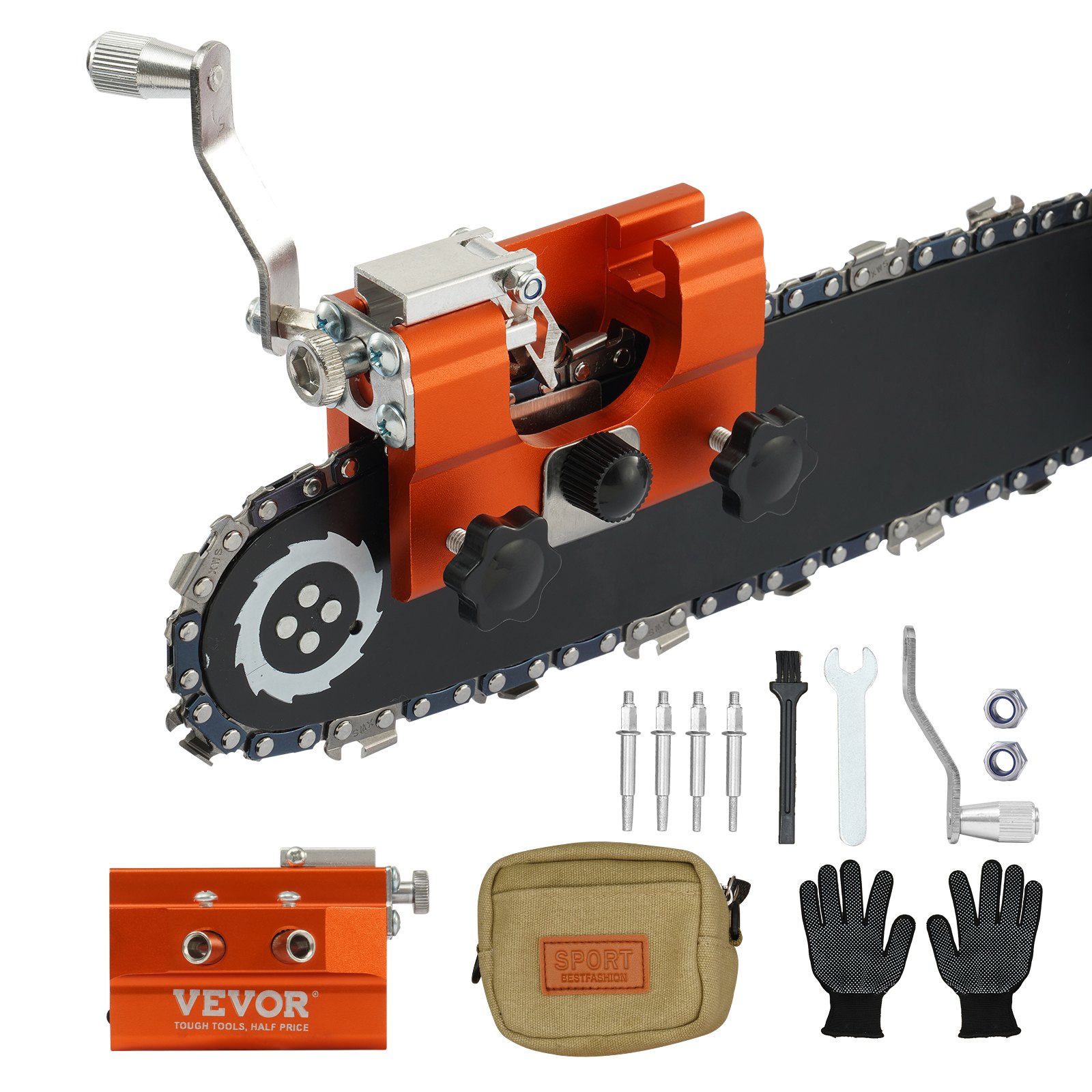 VEVOR chainsaw sharpener kit with accessories including gloves, wrench, hex keys, bag, and brush.