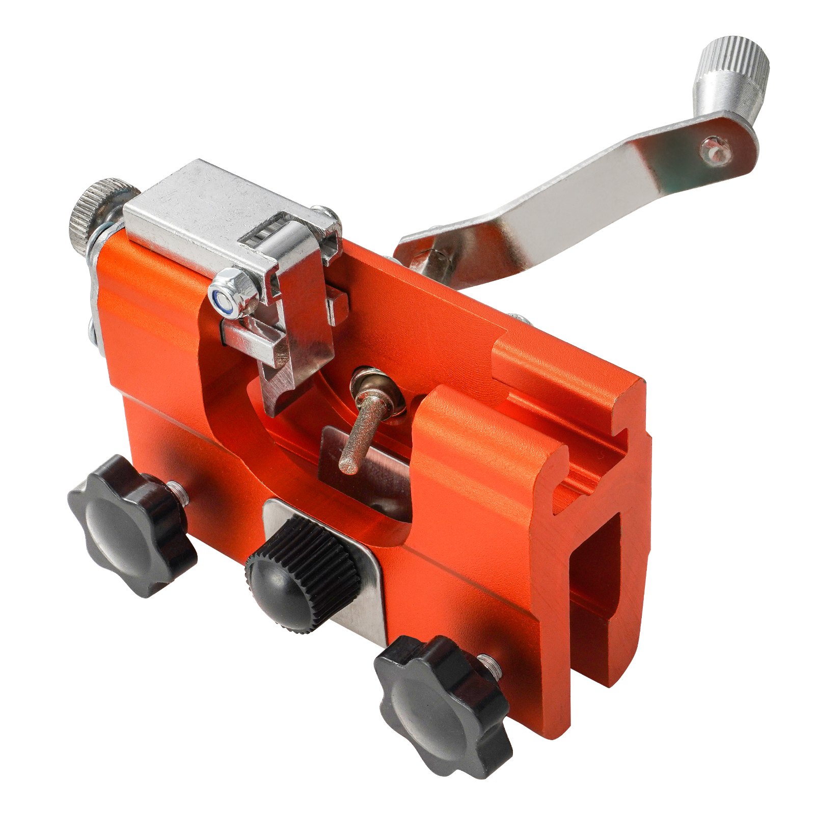 orange VEVOR chainsaw sharpener with adjustable knobs and silver lever for chain maintenance.