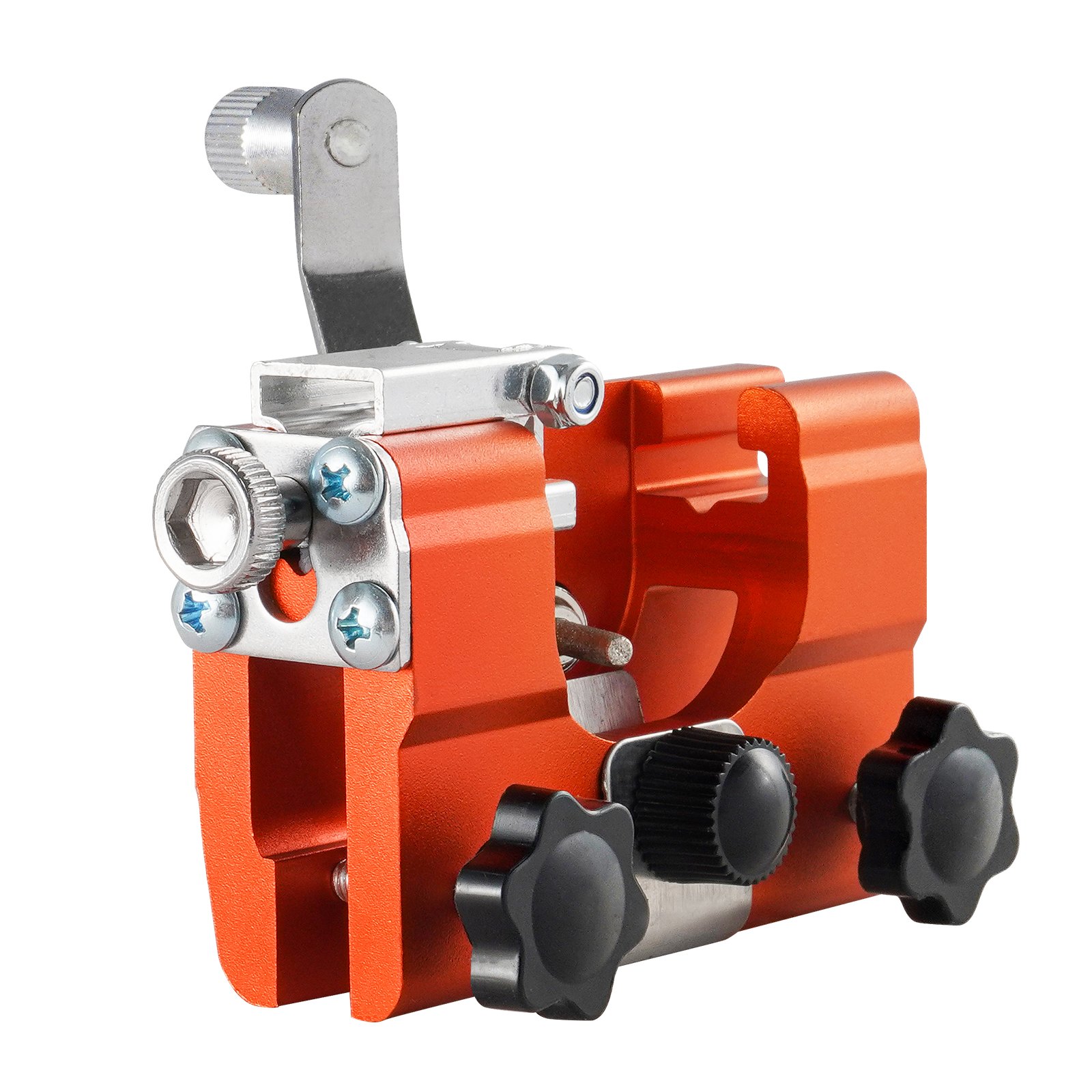 VEVOR chainsaw sharpener with an orange body, black knobs, and metal components.