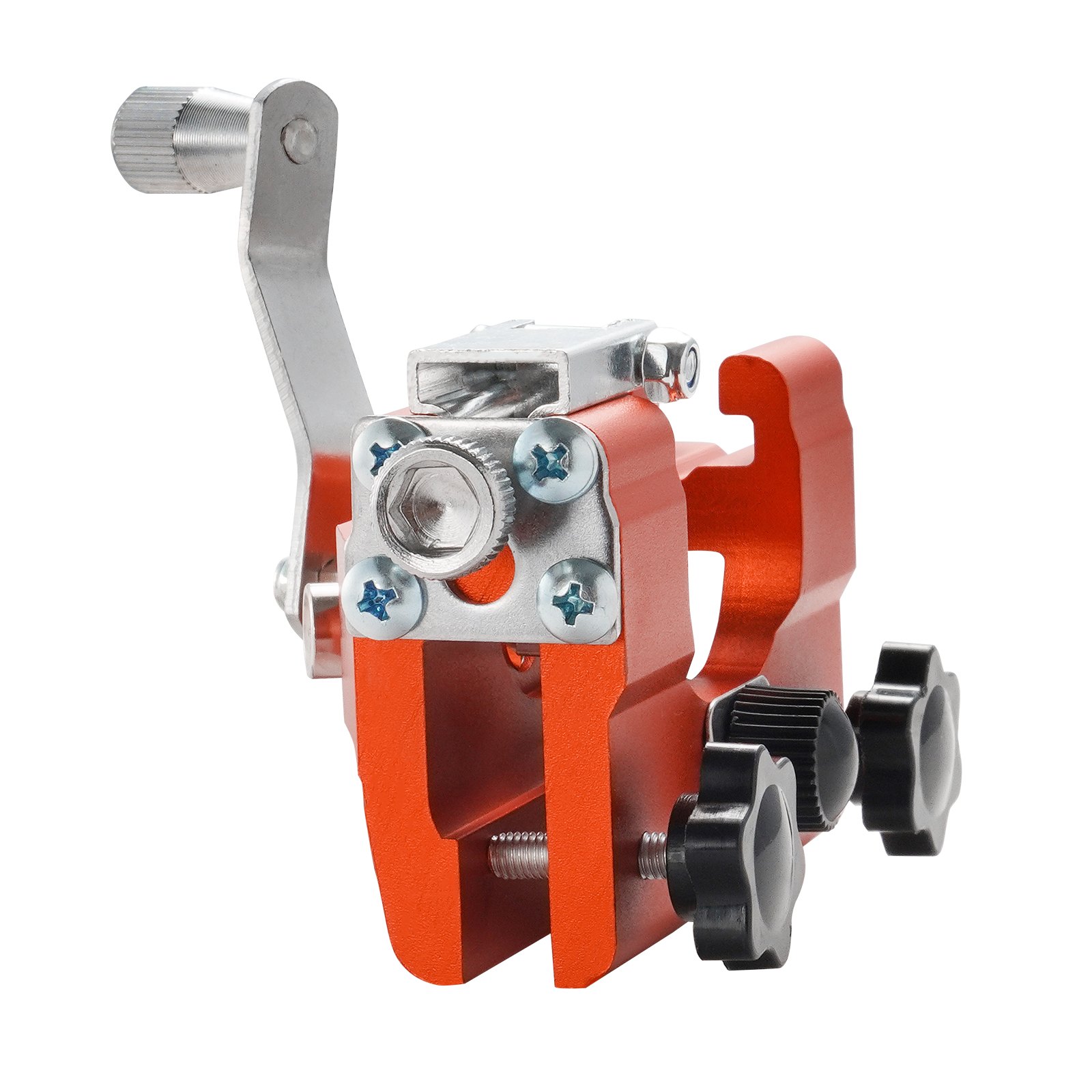 orange VEVOR chainsaw sharpener with adjustable knobs and metal components.