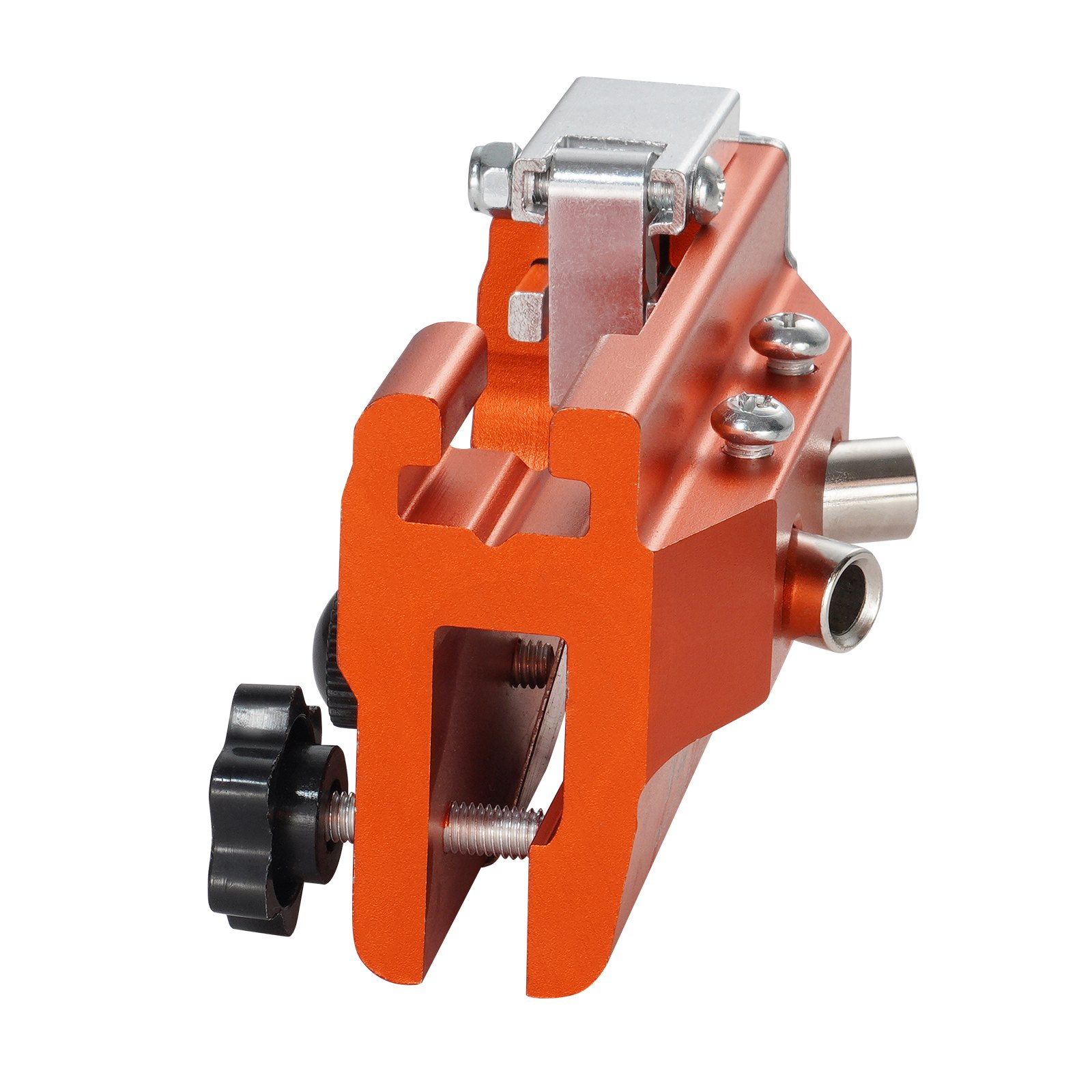 orange and silver VEVOR chainsaw sharpener with adjustment knobs and screws for precise sharpening.