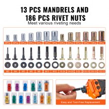 VEVOR Rivet Nut Tool, 16 inch Rivnut Tool Kit with 13PCS Metric and SAE Mandrels, 186PCS Rivet Nuts, Semi-auto Retraction, M3, M4, M5, M6, M8, M10, M12, 1/4-20, 5/16-18, 3/8-16, 1/2-13, 8-32, 10-24