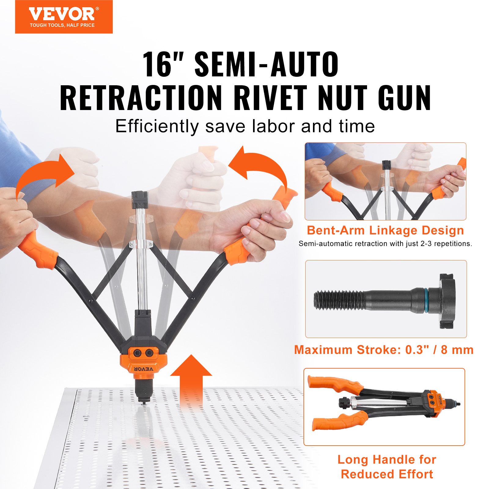 VEVOR rivet nut tool with bent-arm linkage, max stroke 0.3&quot;, and long handle for reduced effort.