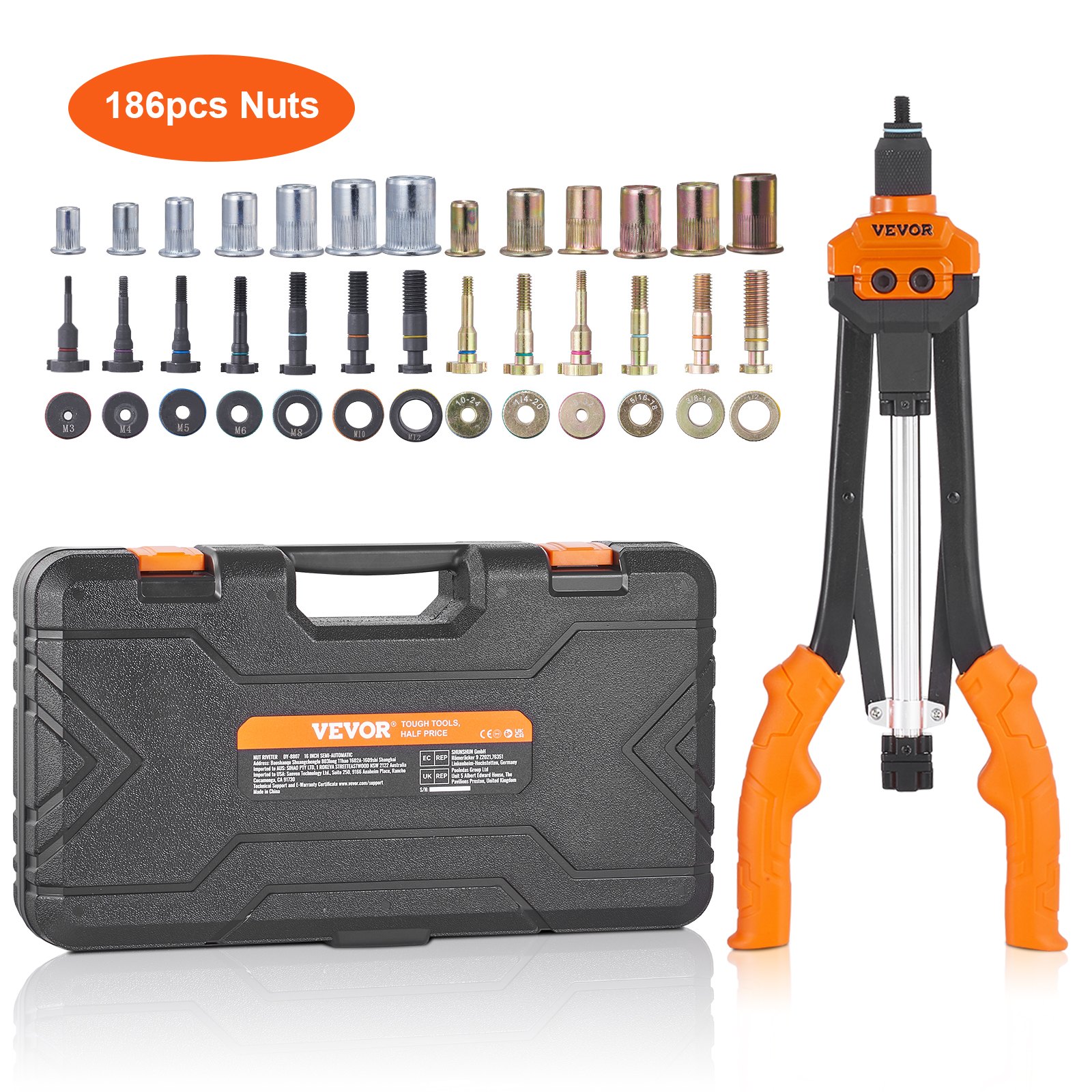 VEVOR rivet nut tool with 186pcs nuts, black carrying case, and orange handles.