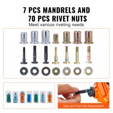 VEVOR Rivet Nut Tool, 14” Rivnut Tool Kit with 7 PCS Metric and SAE Mandrels, 70 PCS Assorted Rivet Nuts, 10-24, 1/4-20, M6, 5/16-18, M8, 3/8-16, M10, Rivet Nut Kit With Rugged Carrying Case