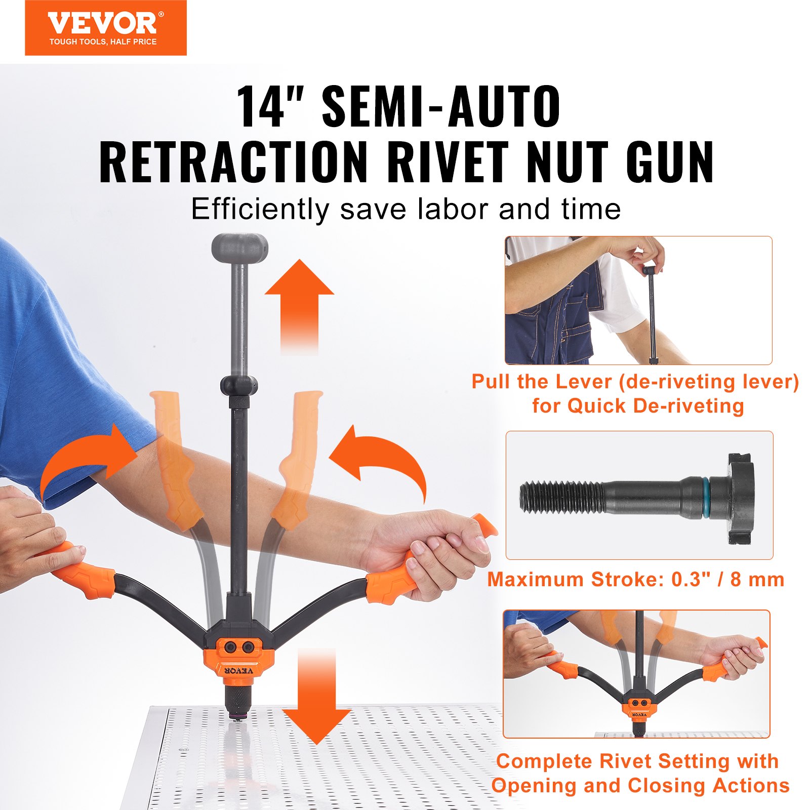 VEVOR Rivet Nut Tool, 14” Rivnut Tool Kit with 7 PCS Metric and SAE Mandrels, 70 PCS Assorted Rivet Nuts, 10-24, 1/4-20, M6, 5/16-18, M8, 3/8-16, M10, Rivet Nut Kit With Rugged Carrying Case