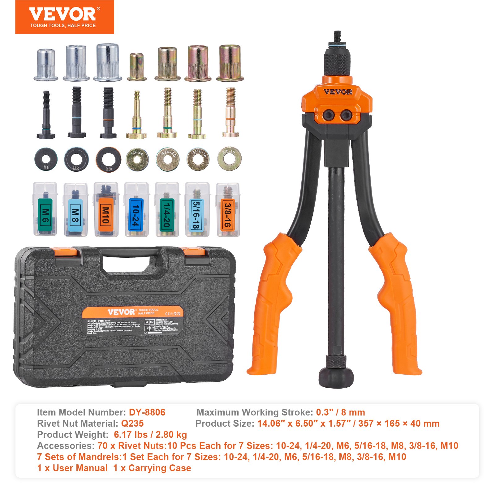 VEVOR Rivet Nut Tool, 14” Rivnut Tool Kit with 7 PCS Metric and SAE Mandrels, 70 PCS Assorted Rivet Nuts, 10-24, 1/4-20, M6, 5/16-18, M8, 3/8-16, M10, Rivet Nut Kit With Rugged Carrying Case