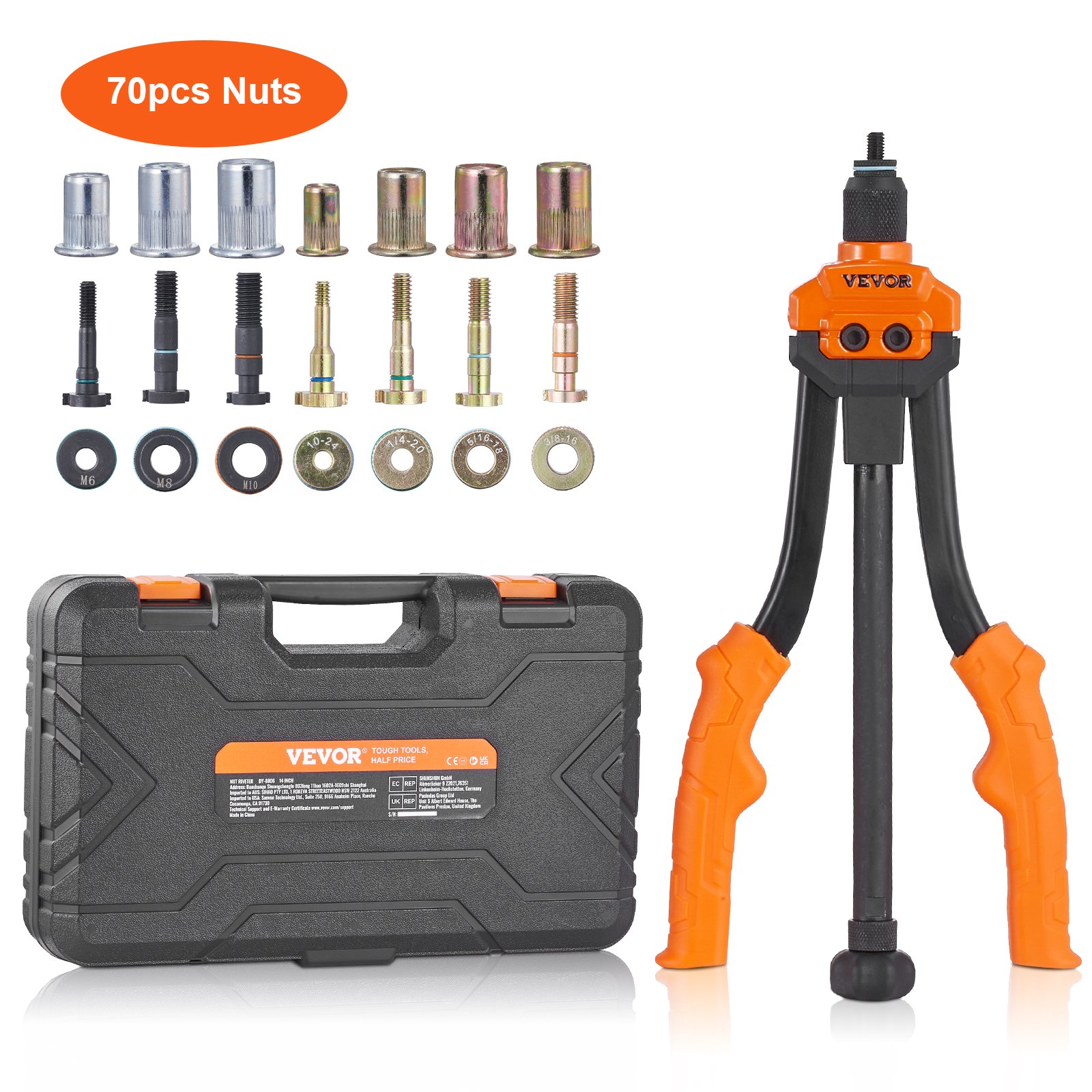 VEVOR Rivet Nut Tool, 14” Rivnut Tool Kit with 7 PCS Metric and SAE Mandrels, 70 PCS Assorted Rivet Nuts, 10-24, 1/4-20, M6, 5/16-18, M8, 3/8-16, M10, Rivet Nut Kit With Rugged Carrying Case
