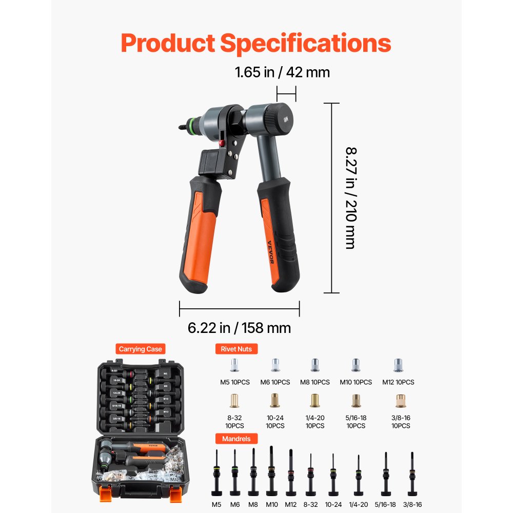 VEVOR Rivet Nut Tool Kit, 9-Inch Ratchet Rivnut Tool Kit, with 10 Mandrels and 100 Nuts, Metric and SAE Size M5, M6, M8, M10, M12, 8-32, 10-24, 1/4-20, 5/16-18, 3/8-16 UNC, with a Rugged Carrying Case