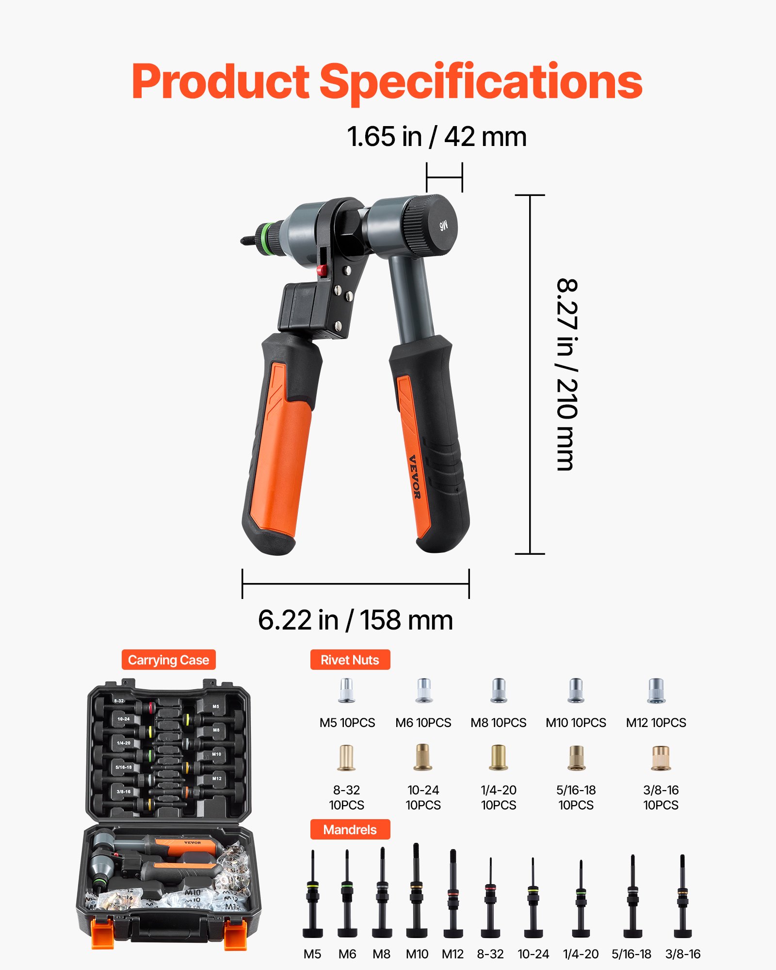 VEVOR Rivet Nut Tool Kit, 9-Inch Ratchet Rivnut Tool Kit, with 10 Mandrels and 100 Nuts, Metric and SAE Size M5, M6, M8, M10, M12, 8-32, 10-24, 1/4-20, 5/16-18, 3/8-16 UNC, with a Rugged Carrying Case