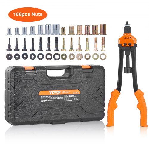 VEVOR Rivet Nut Tool, 16” Rivnut Tool Kit with 13PCS Metric and SAE Mandrels, 186PCS Rivet Nuts, M3, M4, 10-24, M5, M6, 1/4-20, 8-32, 5/16-18, M8, 3/8-16, M10, M12, 1/2-13, With Carrying Case
