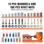 VEVOR 16" Rivet Nut Tool, Labor-Saving Rivnut Tool Kit with 13PCS Metric & SAE Mandrels, 186PCS Rivet Nuts,M3, M4, M5, M6, M8, M10, M12, 1/4-20, 5/16-18, 3/8-16,1/2-13, 8-32, 10-24 With Carrying Case