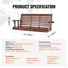 VEVOR 65” Porch Swing Bench Wooden Hanging Outdoor Garden Patio Courtyard Brown