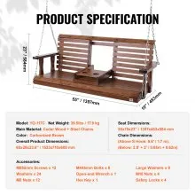 VEVOR Wooden Porch Swing 5 ft, Patio bench swing for Courtyard & Garden, Upgraded 880 lbs Strong Load Capacity, Heavy Duty Swing Chair Bench with Hanging Chains for Outdoors, Brown