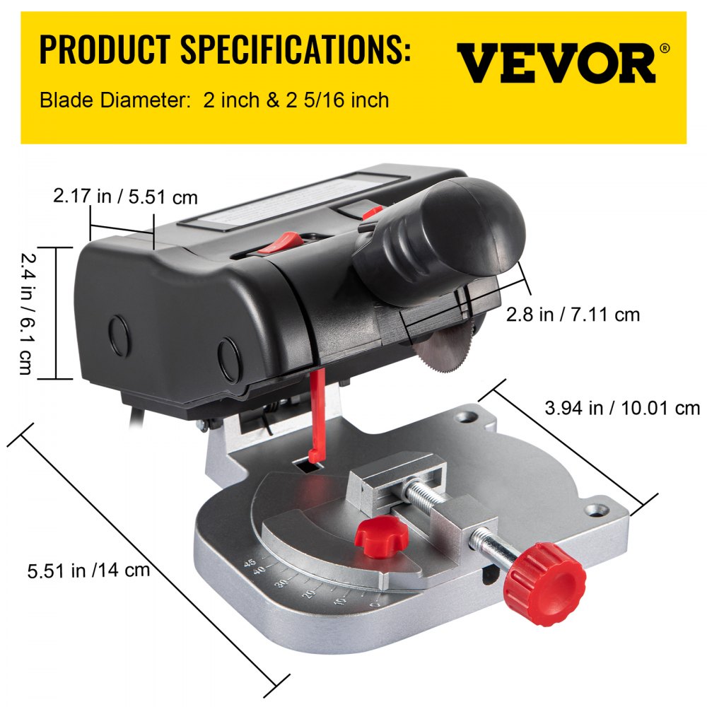 VEVOR Mini Miter Cut-off Chop Saw, Two 2-5/16\" Blade of Steel and Resin with 1/2inch Cutting Depth, 0-45° Benchtop Miter Saw for Copper, Aluminum, Wood, Zinc in Hobby Craft
