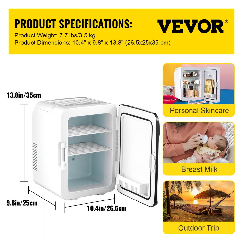 VEVOR Mini Fridge 10 Liter Portable Cooler Warmer, AC/DC Skincare Fridge Stylish Look Compact Refrigerator, Black Lightweight Beauty Fridge for Bedroom Office Car Boat Dorm Cosmetic Medicine