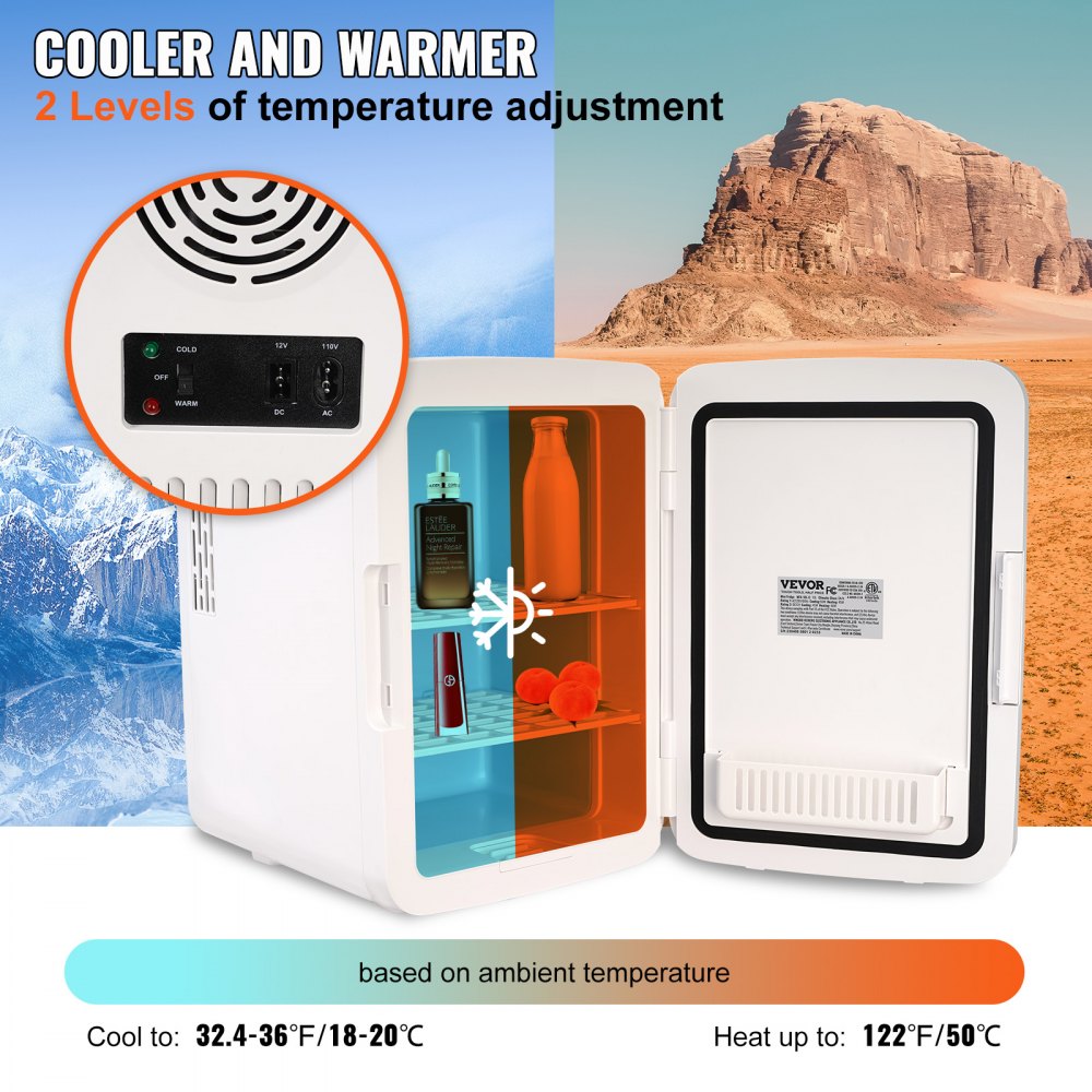 VEVOR Mini Fridge, 10L/12 Cans Compact Personal Fridge, AC/DC Portable Thermoelectric Cooler and Warmer Refrigerators, Skincare Fridge for Beverage, Snacks, Home, Office and Car, CE Listed (White)
