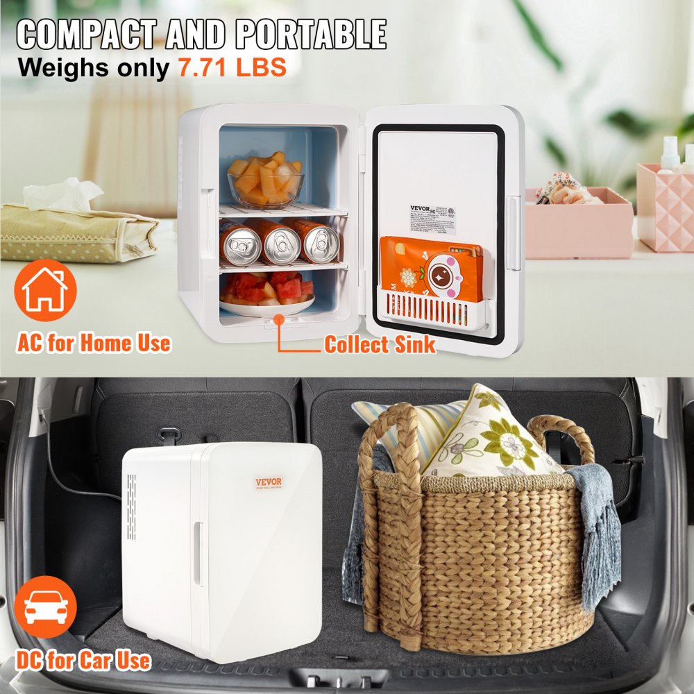 VEVOR Mini Fridge, 10L/12 Cans Compact Personal Fridge, AC/DC Portable Thermoelectric Cooler and Warmer Refrigerators, Skincare Fridge for Beverage, Snacks, Home, Office and Car, CE Listed (White)