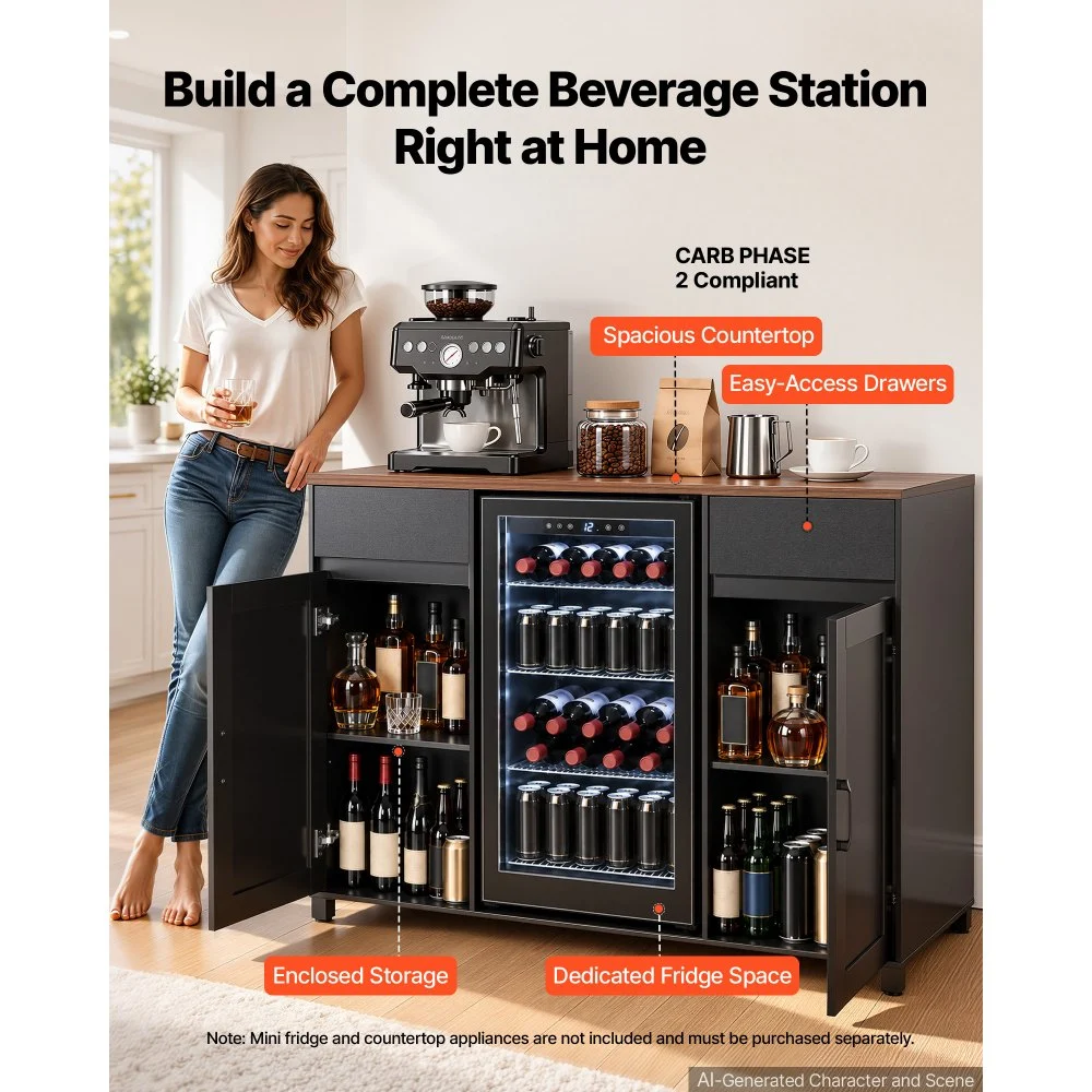VEVOR Coffee Bar Cabinet with Mini Fridge Space, 53"W, Storage & Outlet, for Home, Kitchen, Living Room, Liquor Wine Beverage Station with 2 Drawers, 2 Doors, Adjustable Shelves, Countertop Storage
