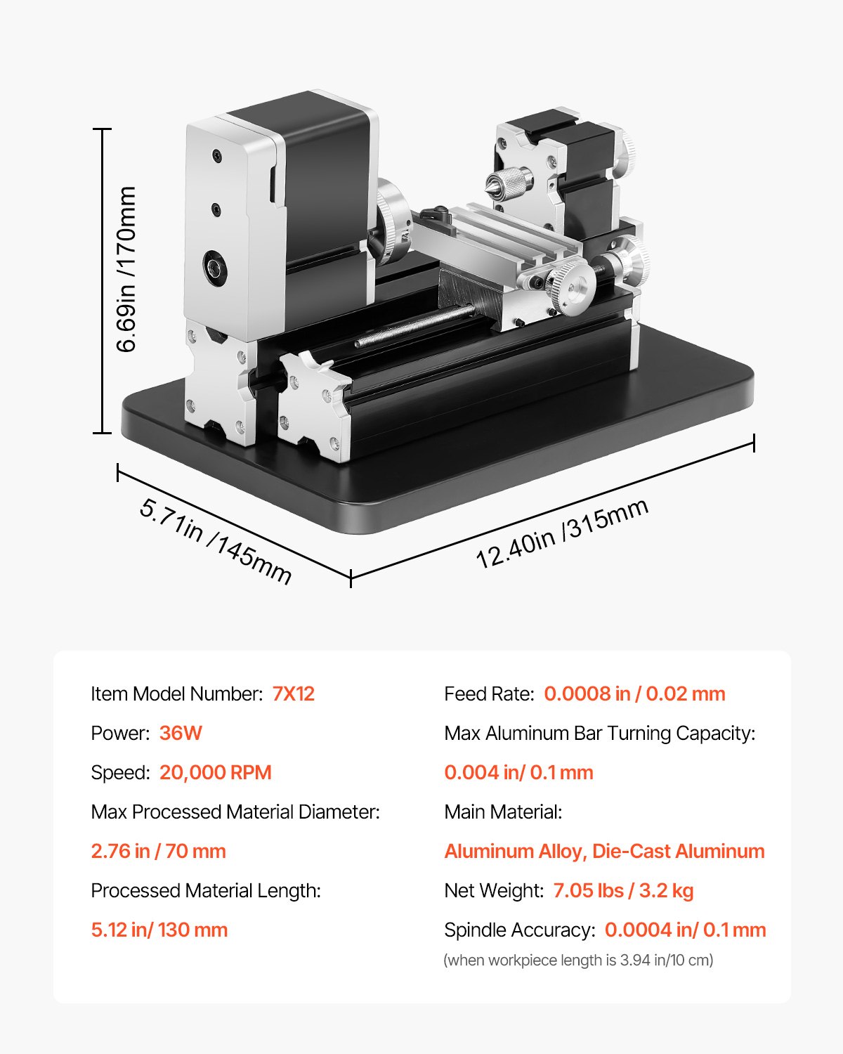 VEVOR Didactical Mini Metal Lathe Machine, 2.76 x 5.12 in, 36W Power Metal Lathe, 20,000 RPM Speed, with 3-jaw Chuck, Aluminum Alloy Handwheel, for Processing Precision Parts Soft Metals Wood Plastics
