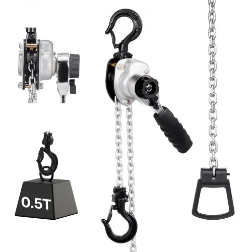 VEVOR Manual Lever Chain Hoist, 1/2T 500KG Capacity Heavy Duty Come Along, 1.5M Lift G80 Alloy Steel Chain With Dual Pawl Mechanical Brake, 360° Rotating Hooks, for Warehouse Construction Garage