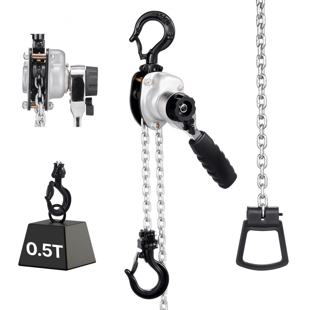 VEVOR Manual Lever Chain Hoist, 1/2T 500KG Capacity Heavy Duty Come Along, 3M Lift G80 Alloy Steel Chain With Dual Pawl Mechanical Brake, 360° Rotating Hooks, for Warehouse Construction Garage