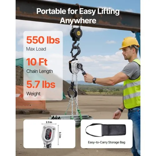 Manual Lever Chain Hoist 1/4T 550lbs Capacity Heavy Duty 10ft Lift G80 Alloy Steel Chain Dual Pawl Brake 360° Rotating Hooks