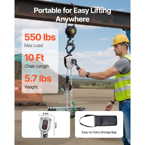 Manual Lever Chain Hoist 1/4T 550lbs Capacity Heavy Duty 10ft Lift G80 Alloy Steel Chain Dual Pawl Brake 360° Rotating Hooks