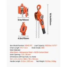 VEVOR Manual Lever Chain Hoist, 3/4T 1650LBS Capacity Heavy Duty Come Along, 5FT Lift G80 Alloy Steel Chain With Dual Pawl Mechanical Brake,360°Rotating Hooks, for Warehouse Construction Garage