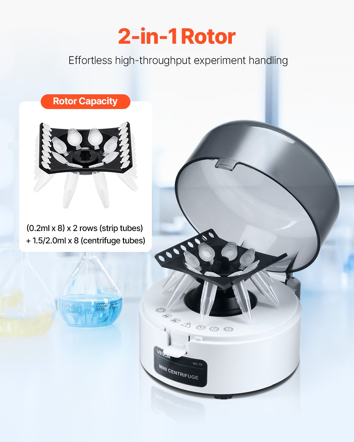 VEVOR Mini Centrifuge Machine, 3013xg RCF Electric Laboratory Centrifuge Machine with 2-in-1 Rotor for 0.2/1.5/2ml Tube Capacity, Fixed Speed 7000r/min, Low Noise, Widely Used in Various Experiments