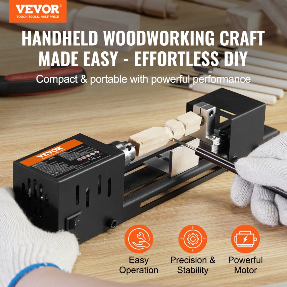 VEVOR Mini Lathe Machine, 7 cm x 16 cm, 24VDC 96W Mini Wood Lathe Tools Milling Machine Accessories, 7 Speeds 4220/5300/5650/6350/6660/7050/8450 RPM, for DIY Woodworking Wood Drill Rotary Tool