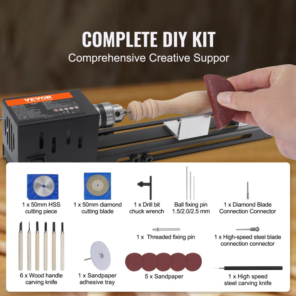 VEVOR Mini Lathe Machine, 7 cm x 16 cm, 24VDC 96W Mini Wood Lathe Tools Milling Machine Accessories, 7 Speeds 4220/5300/5650/6350/6660/7050/8450 RPM, for DIY Woodworking Wood Drill Rotary Tool