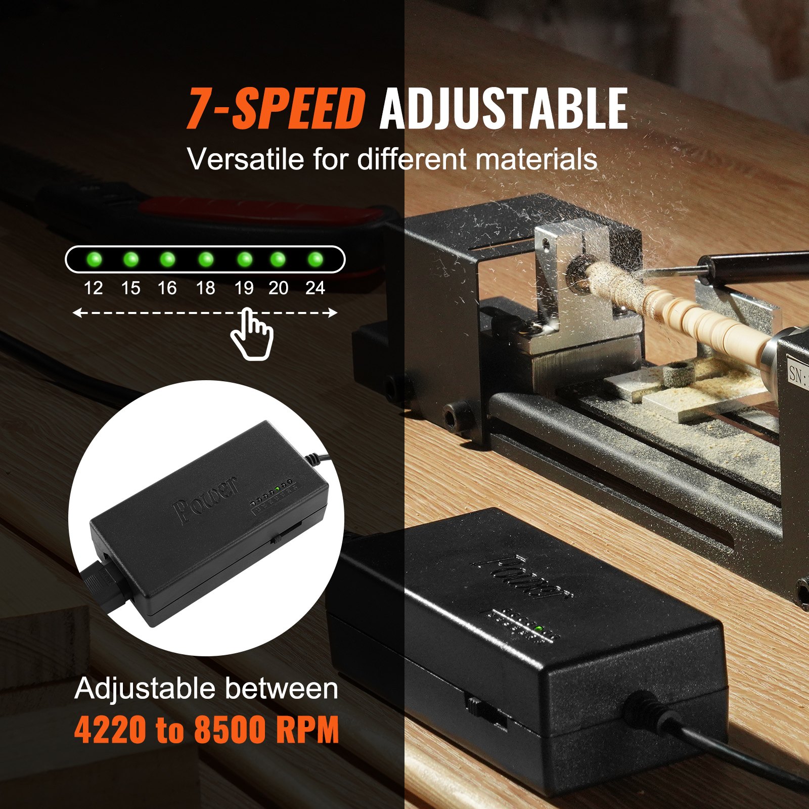 VEVOR Mini Lathe Machine, 7 cm x 16 cm, 24VDC 96W Mini Wood Lathe Tools Milling Machine Accessories, 7 Speeds 4220/5300/5650/6350/6660/7050/8450 RPM, for DIY Woodworking Wood Drill Rotary Tool
