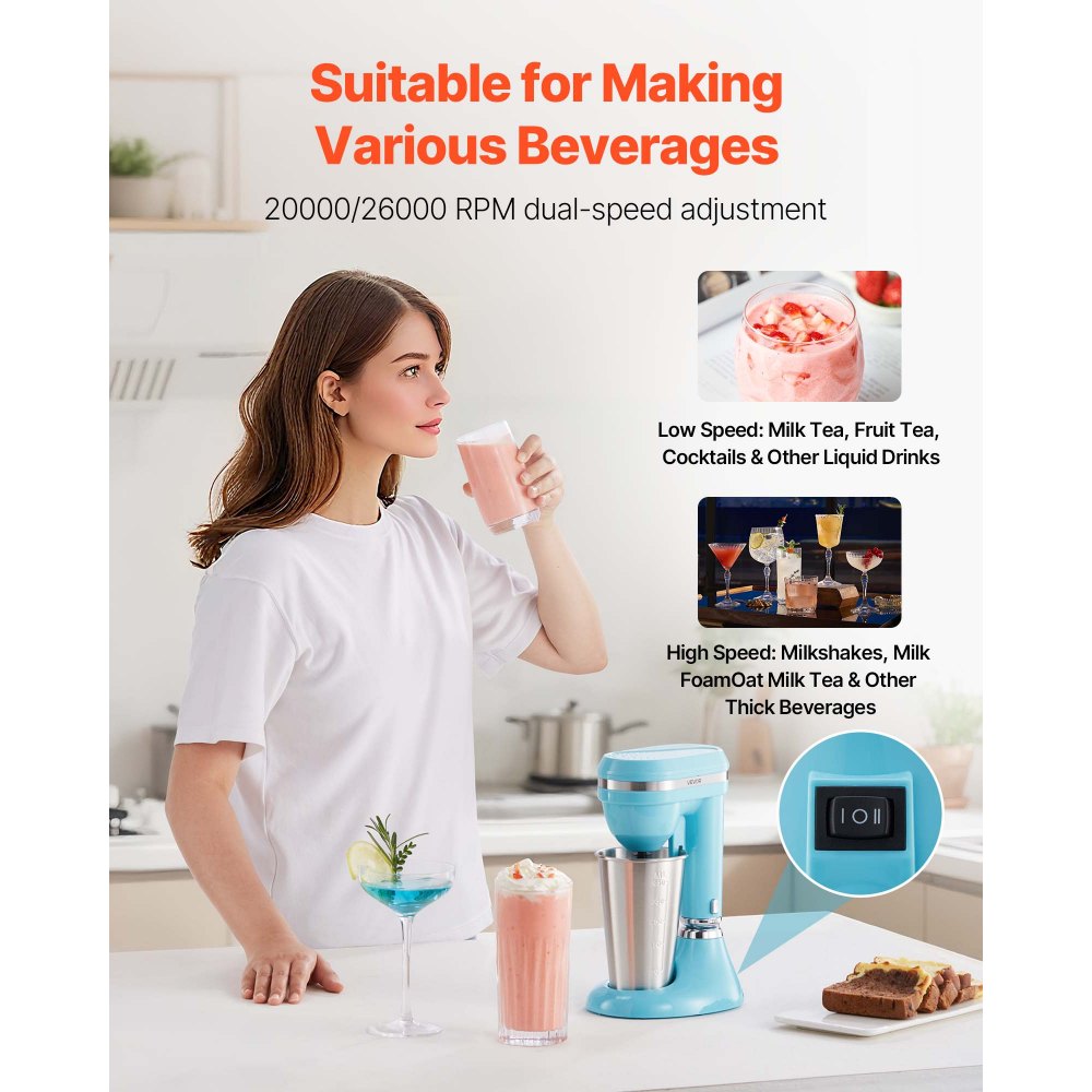 VEVOR Milkshake Maker, 100W Milk Shake Maker Mixer, Single Head Drink Mixer Blender Machine, Dual-Speed Adjustment Milkshake Blender with Stainless Steel Cup, for Home, Kitchen, Bar & Beverage Shop