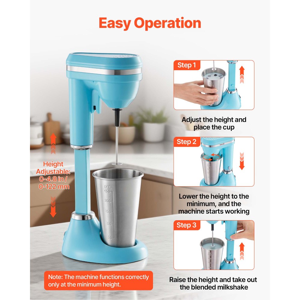 VEVOR Milkshake Maker, 100W Milk Shake Maker Mixer, Single Head Drink Mixer Blender Machine, Dual-Speed Adjustment Milkshake Blender with Stainless Steel Cup, for Home, Kitchen, Bar & Beverage Shop