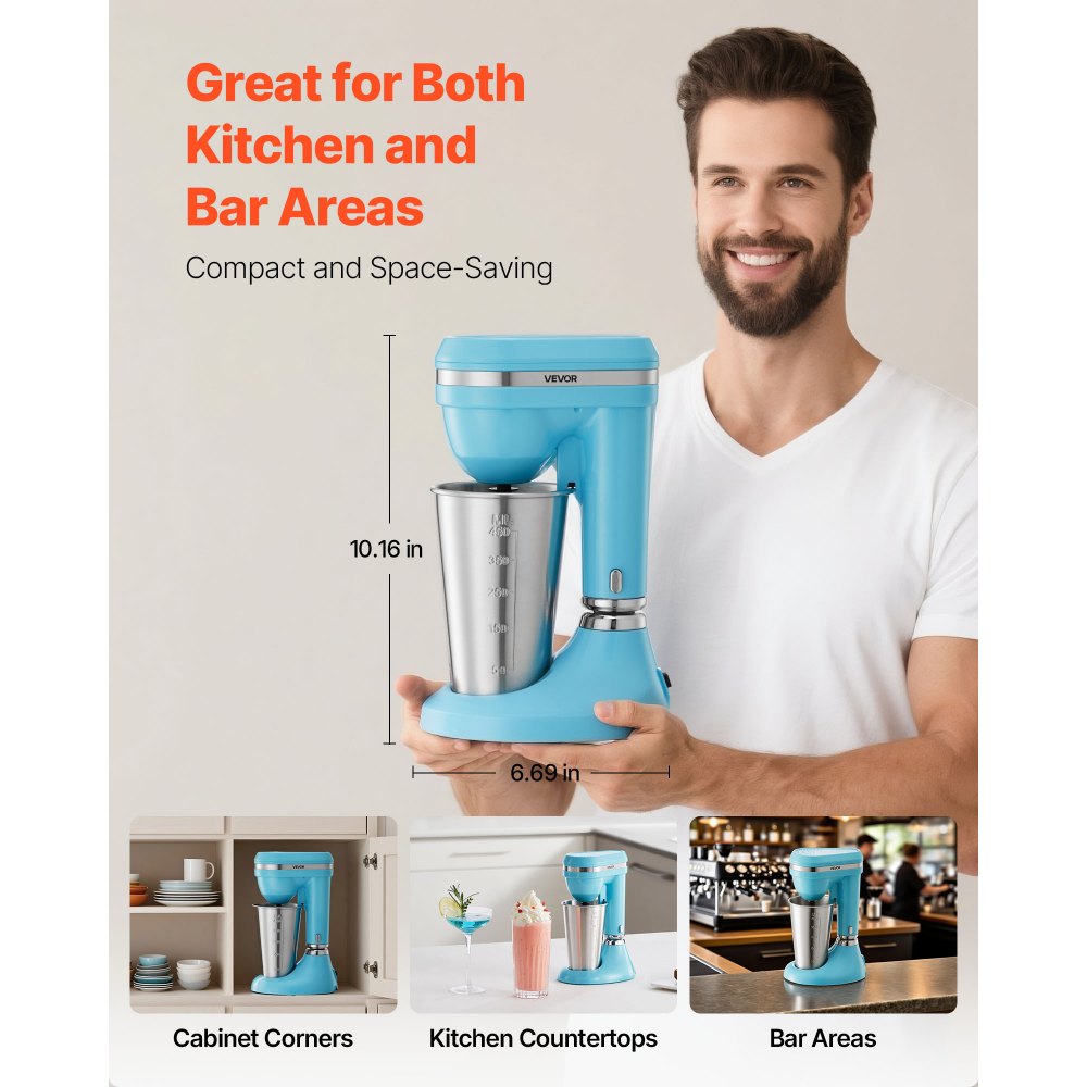 VEVOR Milkshake Maker, 100W Milk Shake Maker Mixer, Single Head Drink Mixer Blender Machine, Dual-Speed Adjustment Milkshake Blender with Stainless Steel Cup, for Home, Kitchen, Bar & Beverage Shop